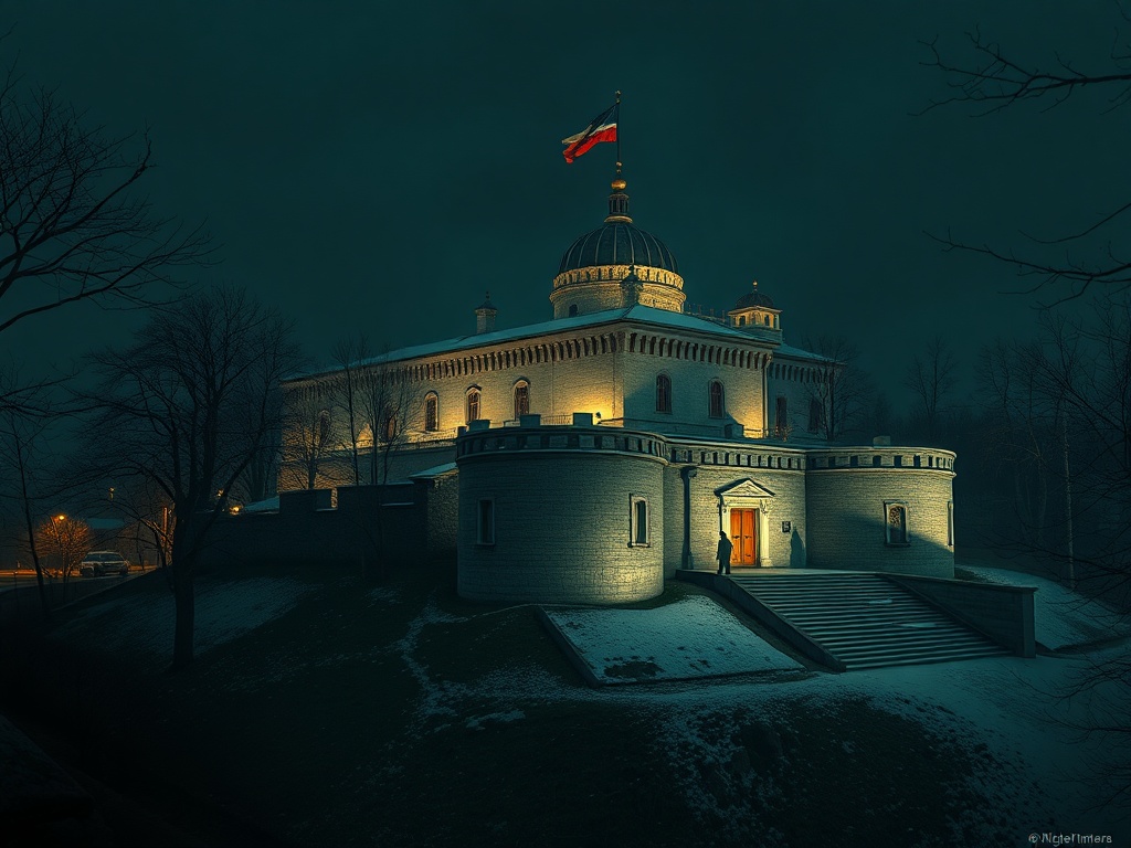 Ночной вид на историческое здание с флагом, освещенное уличными фонарями и окруженное деревьями.