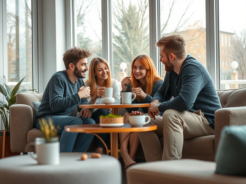 Четыре человека сидят на диване, общаются и пьют кофе в светлом уютном помещении.