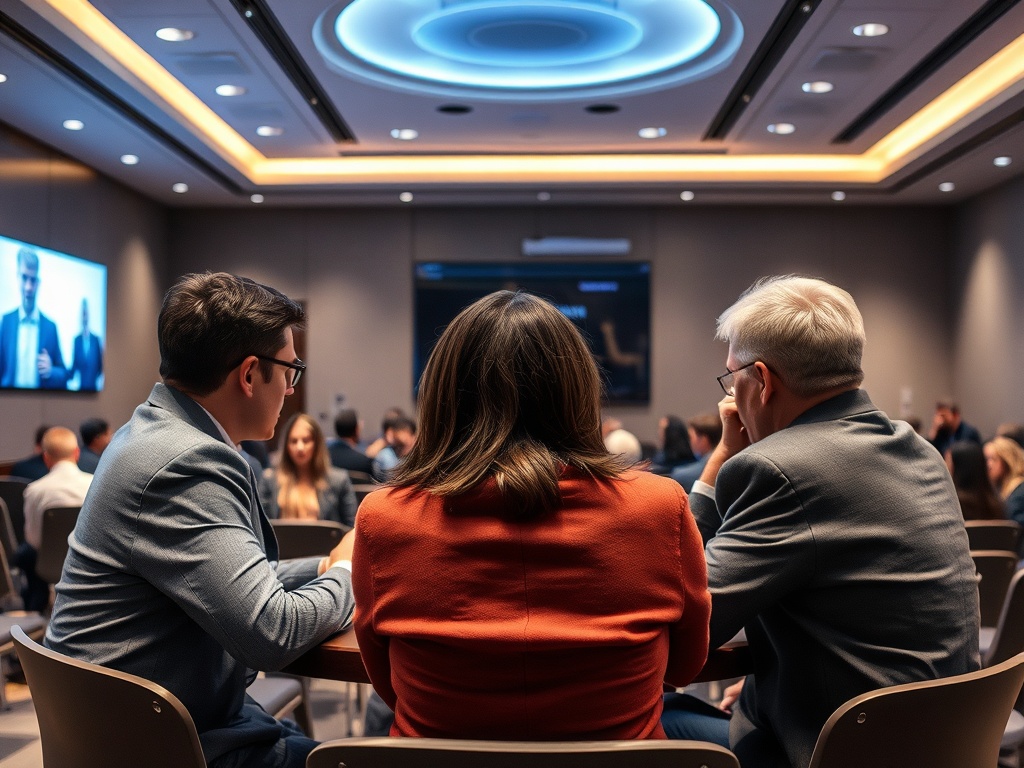 Групповой бизнес-встреча в зале, участники обсуждают идеи и смотрят на экран.