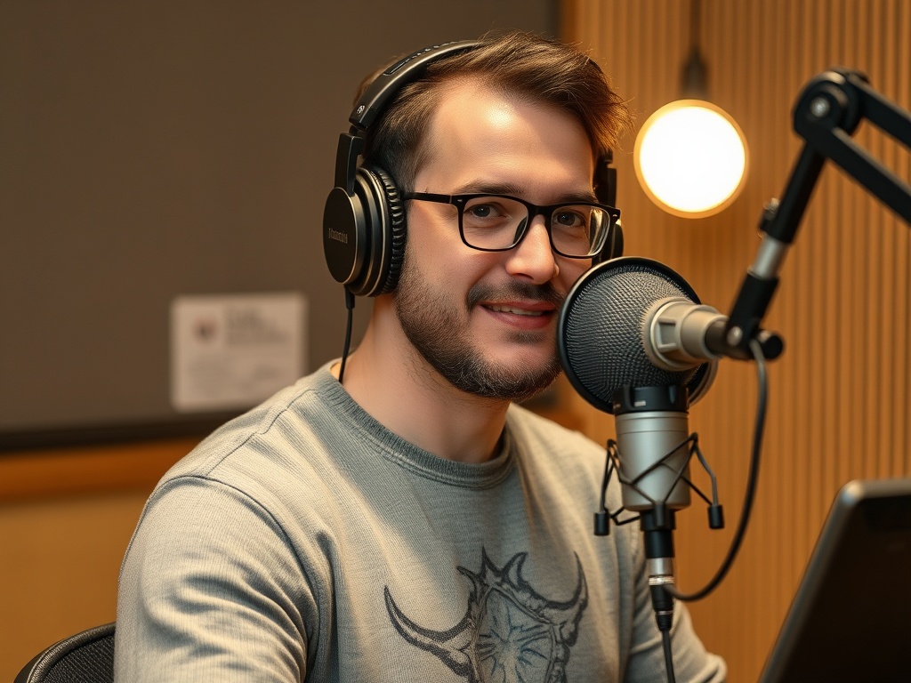 Мужчина в наушниках улыбаясь говорит в микрофон, сидя за столом в студии звукозаписи.