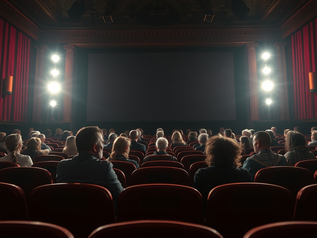 Зрители в кинотеатре ожидают начала сеанса. Экран пуст, освещение направлено на зрительный зал.