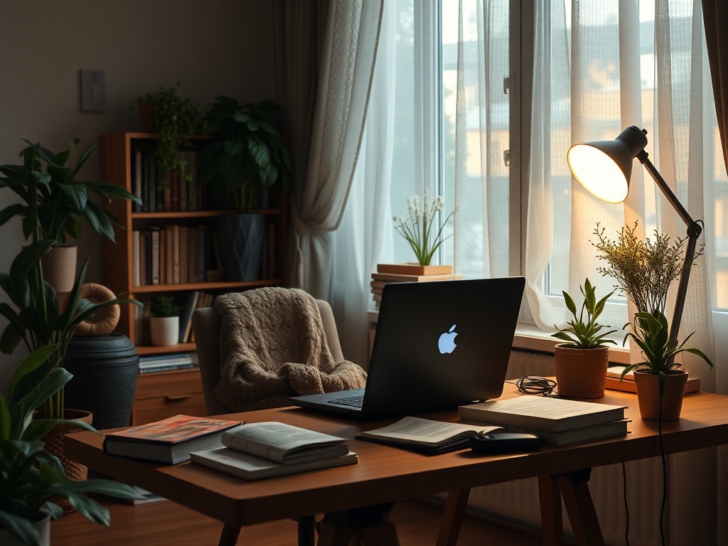 Уютный офис с растениями, столом, ноутбуком и уютным креслом у окна, пропускающим солнечный свет.