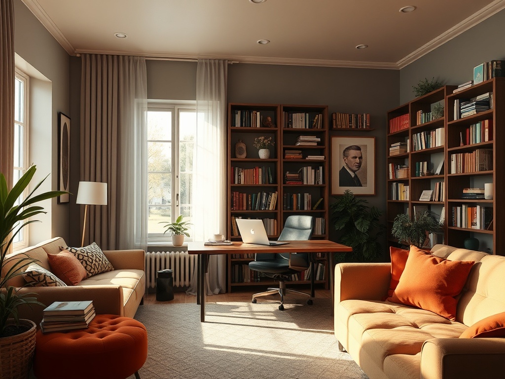 Современный офис с книжными полками, столом и мягкой мебелью, освещённый естественным светом из окна.