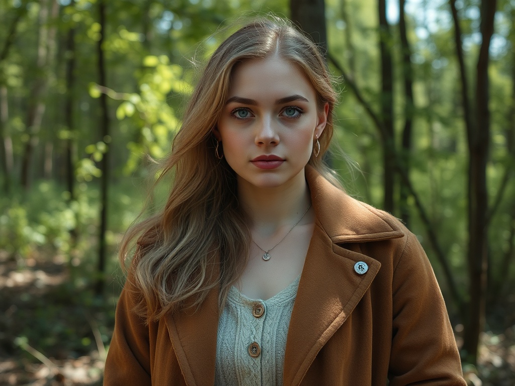 На фоне леса стоит девушка с длинными светлыми волосами, в коричневом пальто и уютном свитере.