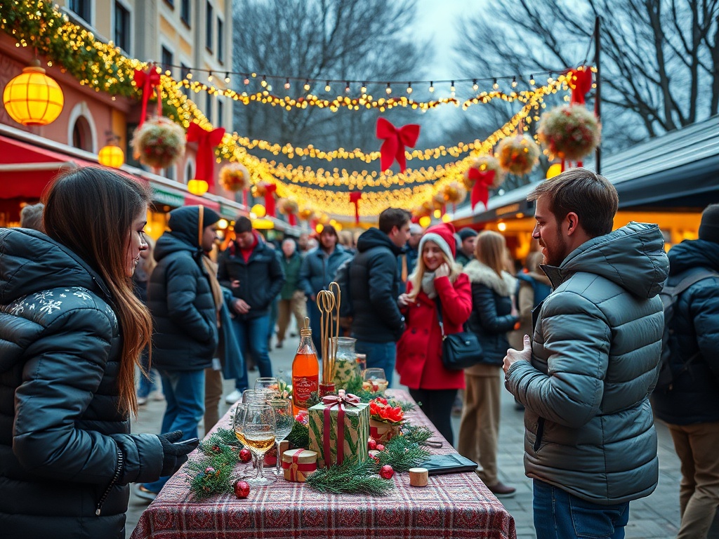 Зимний рынок с праздничной атмосферой, люди общаются, стол с декорациями и напитками. Вечерние огни и украшения.