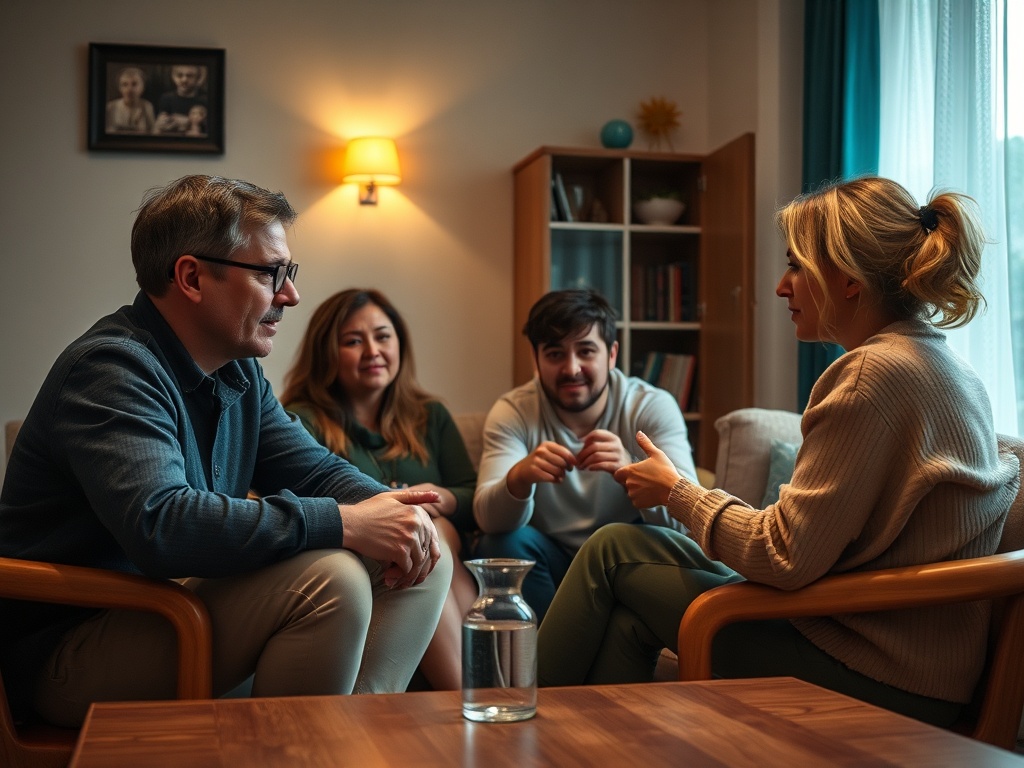 Четыре человека сидят в уютной комнате, обсуждая что-то важное, атмосфера дружеская и тепленькая.