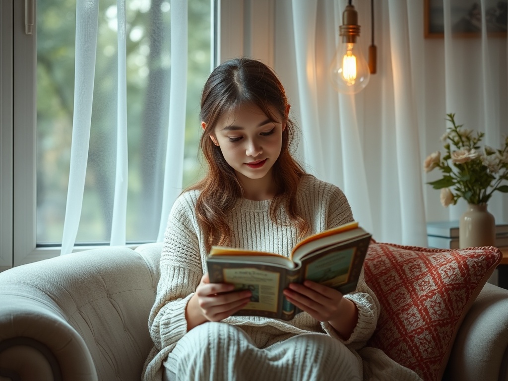 Девушка читает книгу на диване у окна, окруженная светом и уютными элементами интерьера.