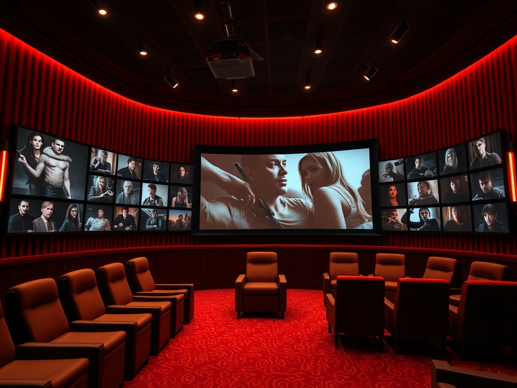 Современный кинозал с комфортными креслами и большими экранами, демонстрирующими разных актеров.