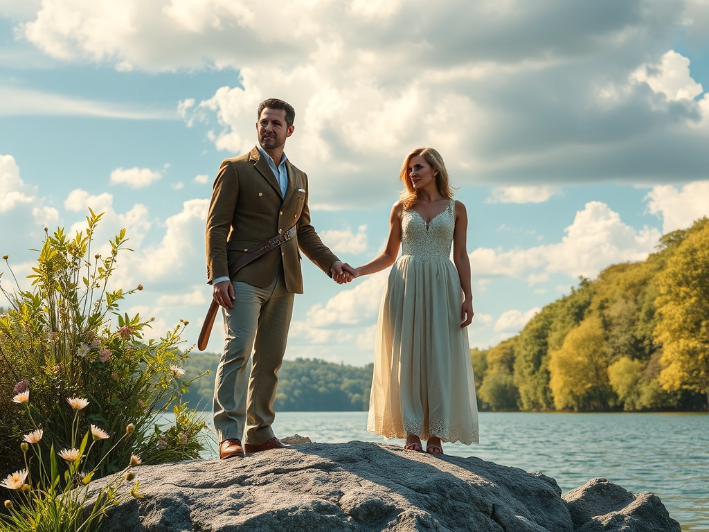 На берегу озера стоят мужчина в костюме и женщина в свадебном платье, держась за руки. Красивый пейзаж.