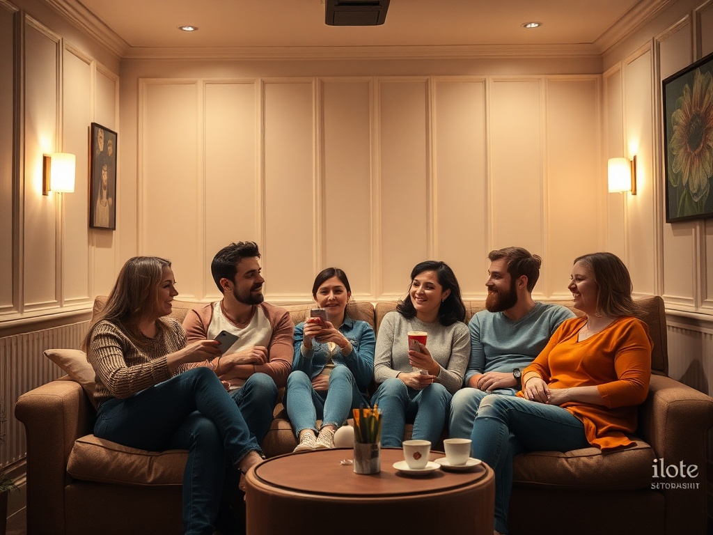 Компания друзей сидит на диване, общаясь и смеясь, с чашками в руках в уютной обстановке.