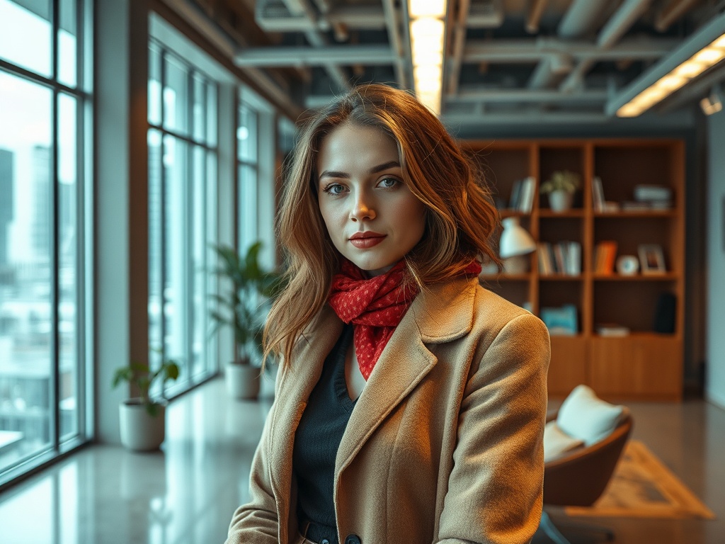 Женщина в офисной среде с длинными волосами, одетая в коричневое пальто и красный шарф, смотрит в камеру.