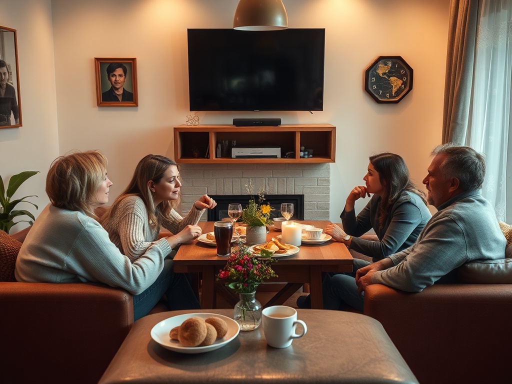 На изображении четверо человек обсуждают что-то за столом, атмосфера теплая и дружелюбная.