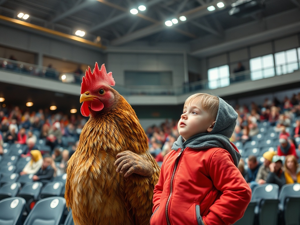 Ребёнок в красной куртке стоит рядом с огромным петухом на фоне зрительного зала.