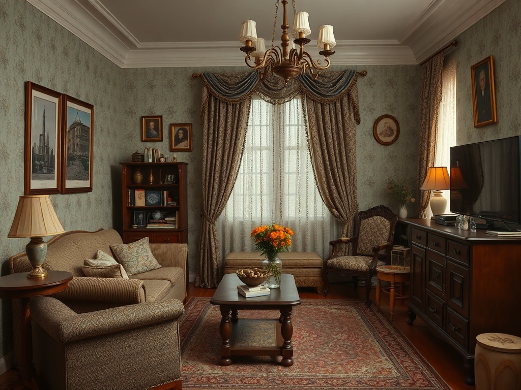 Уютная гостиная с диваном, креслами, книжным шкафом и цветами на столе. Стены украшены картинами.