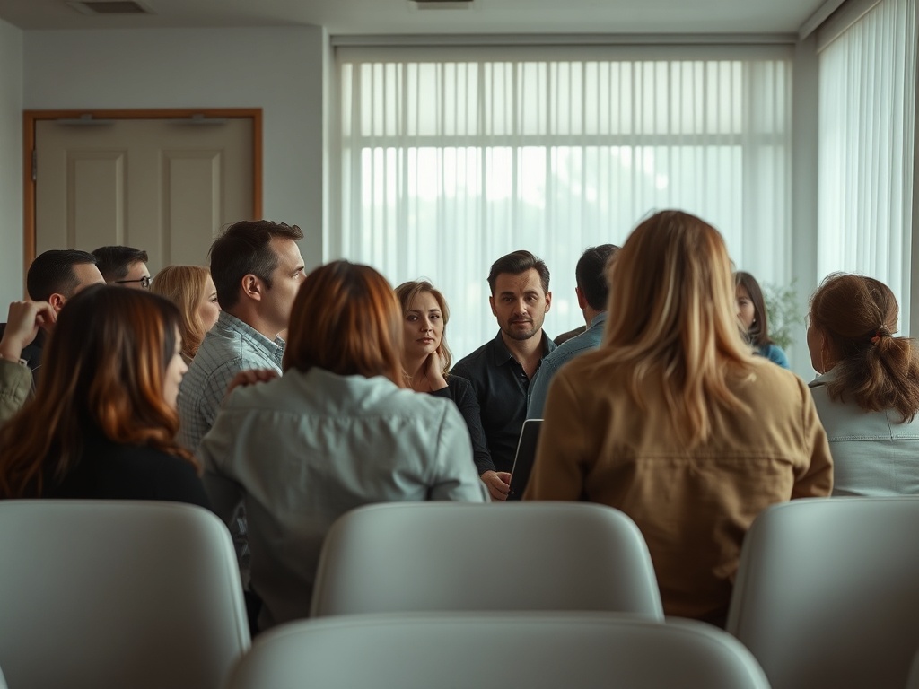 Группа людей обсуждает идеи в светлом офисном помещении, сидя вокруг стола.