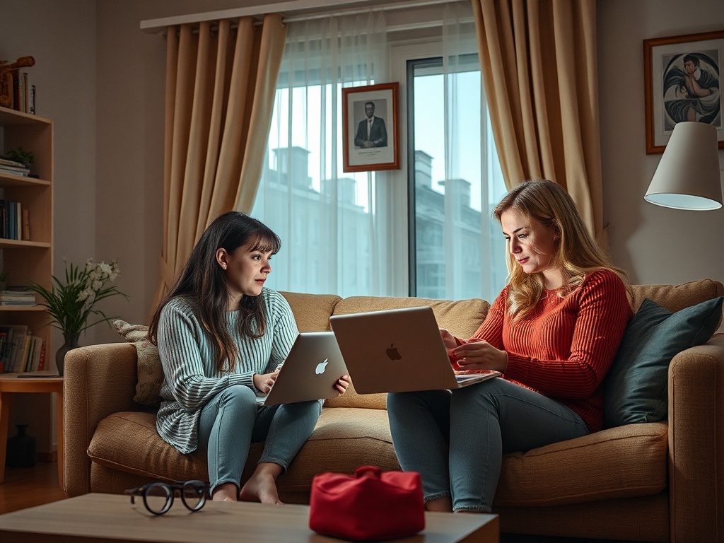 Две женщины сидят на диване, работая за ноутбуками в уютной комнате с книгами и окнами.