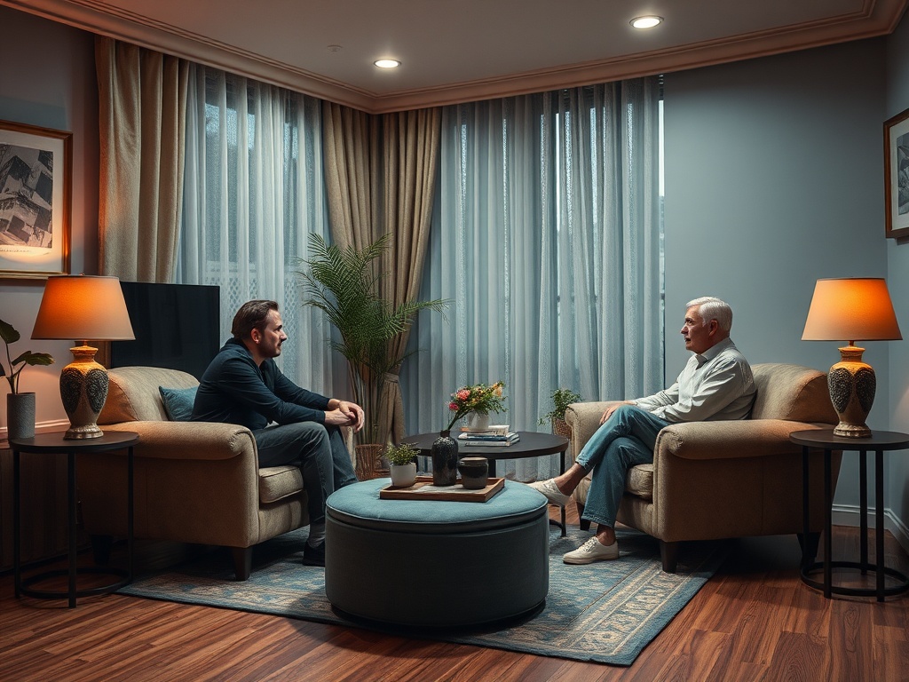 Два человека сидят на диванах в уютной комнате и ведут разговор. Около них стоят лампы и цветы.