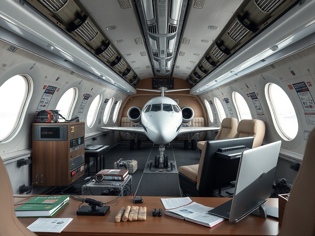 Внутренний интерьер бизнес-джета с комфортной мебелью и рабочим местом. Модерн и уют в одном.