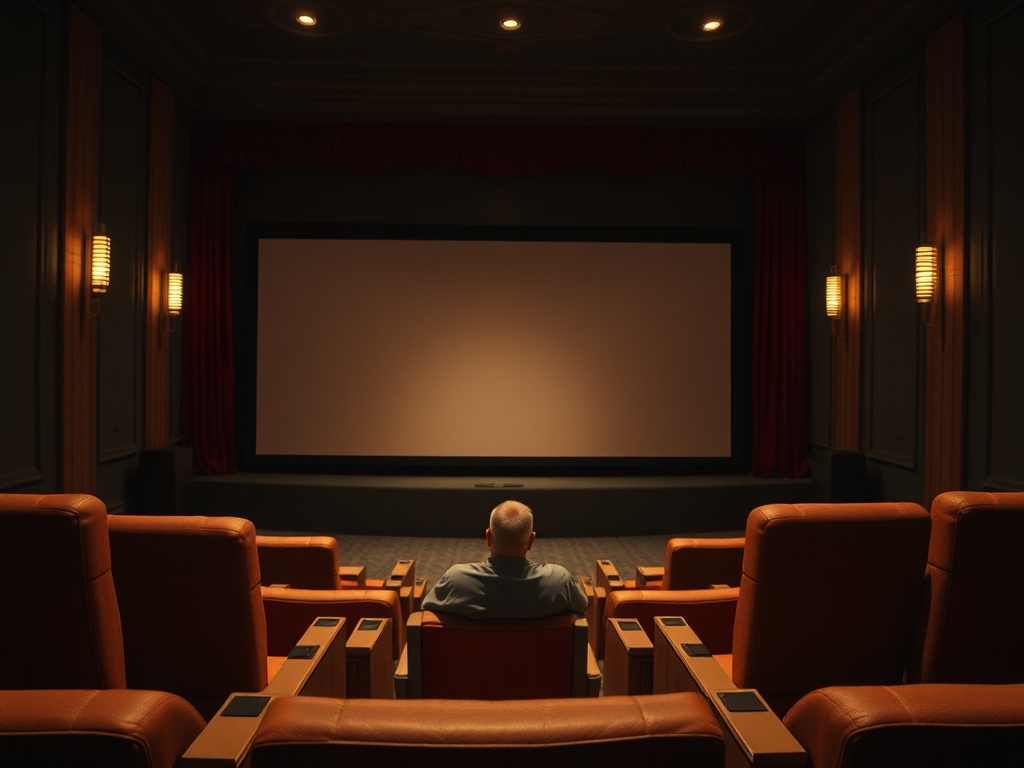 Пустой кинозал с красными занавесками, один зритель сидит на комфортабельном кресле, смотря на экран.