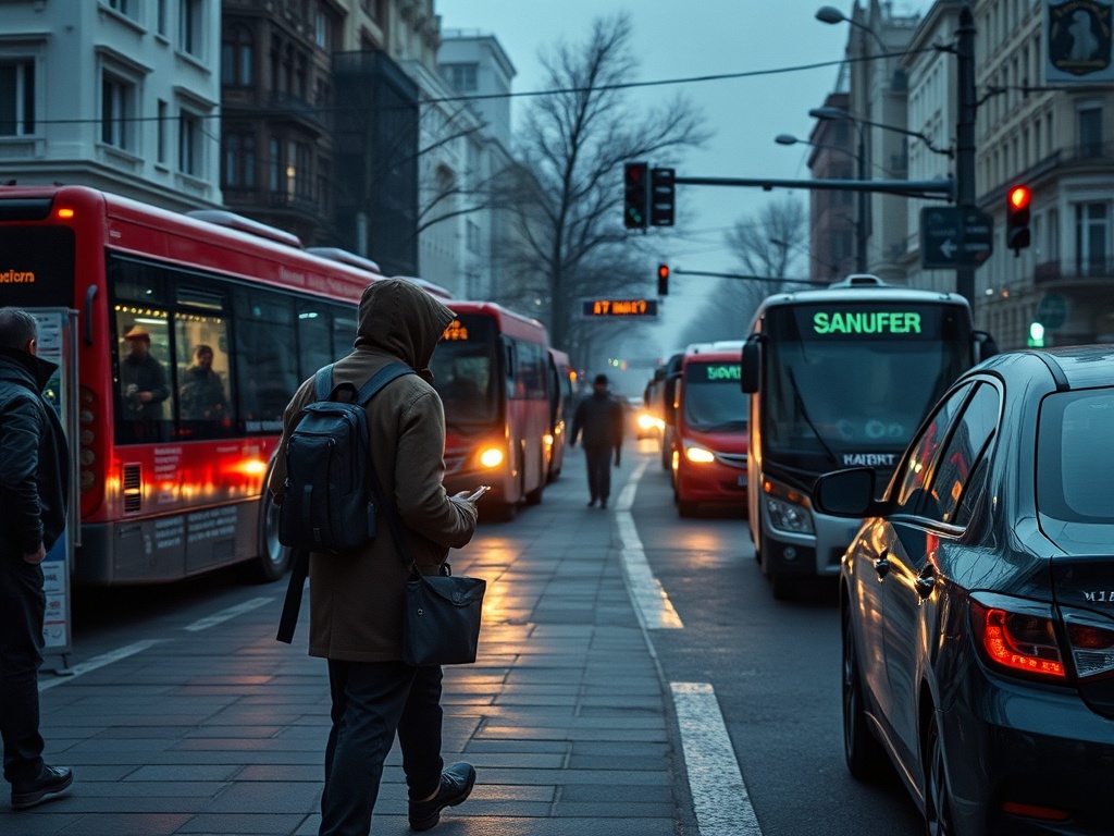 На улице вечер, люди ждут автобус, машины проезжают мимо, светофоры мигают. Атмосфера в городе спокойная.