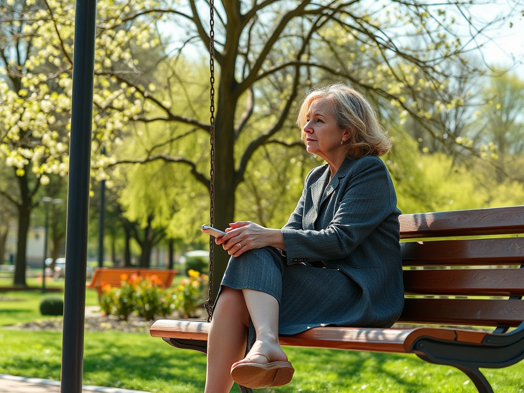 Женщина в деловом костюме сидит на скамейке в парке, смотрит вдаль и держит в руках телефон.