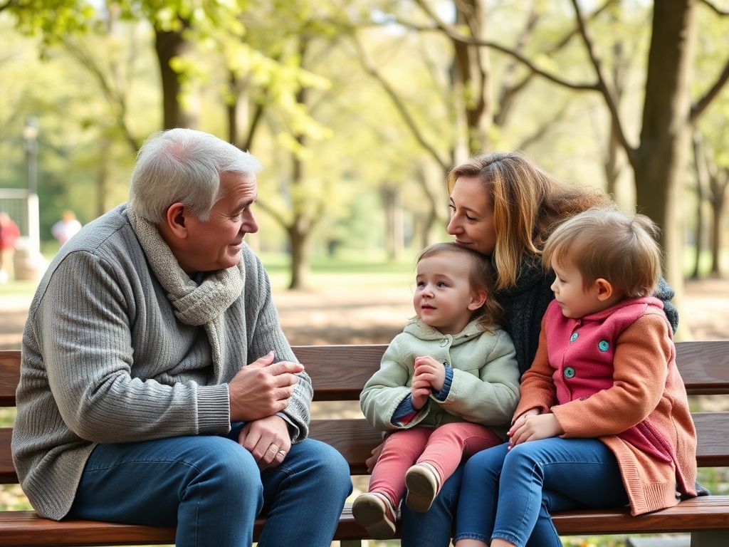 Старший мужчина беседует с женщиной и двумя детьми в парке на скамейке, окружённой зелёными деревьями.
