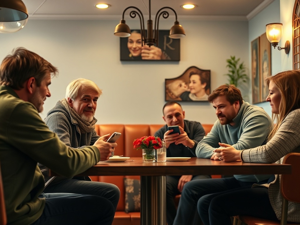 В кафе собралась компания друзей, обсуждающих что-то на телефонах за столом с цветами.