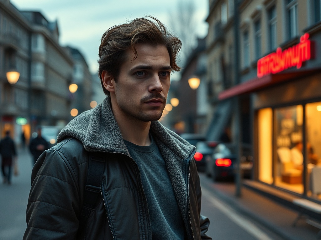 Молодой человек в стильной куртке на городском улицы, фоновые огни и здания создают атмосферу вечернего города.