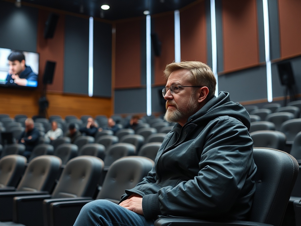 На сцене пустой зал, мужчина в очках и с бородой внимательно слушает с кресла в ряду.