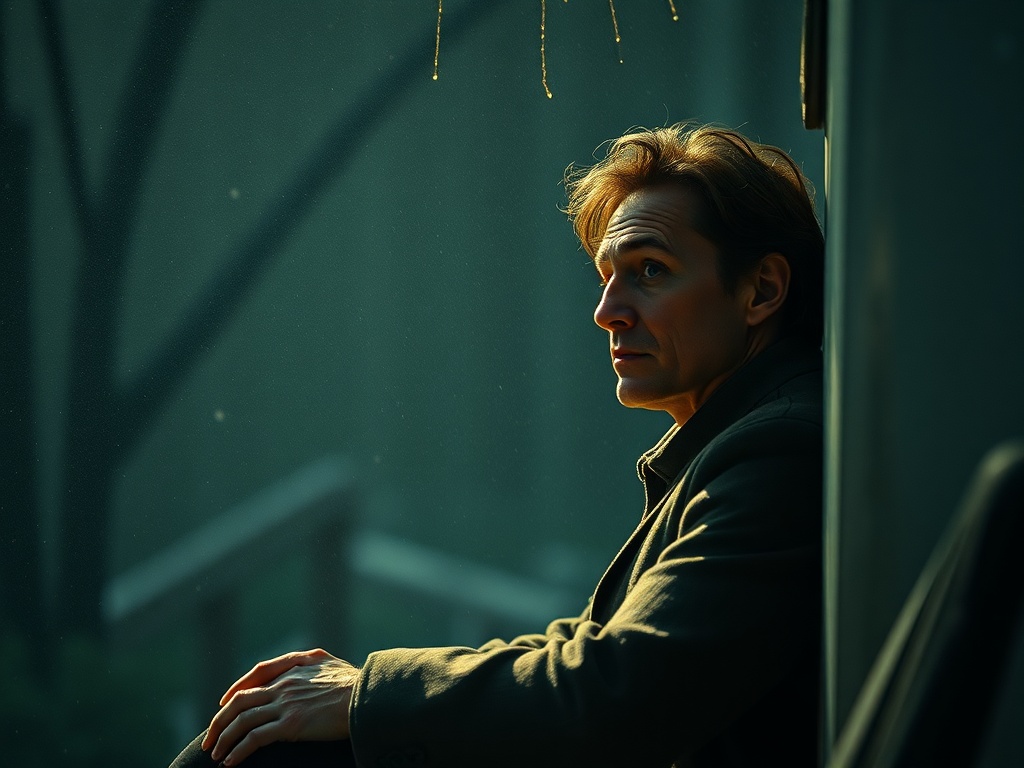 Человек в тёмном свитере сидит на ступеньках, задумчиво смотрит вдаль в мелькающем свете.