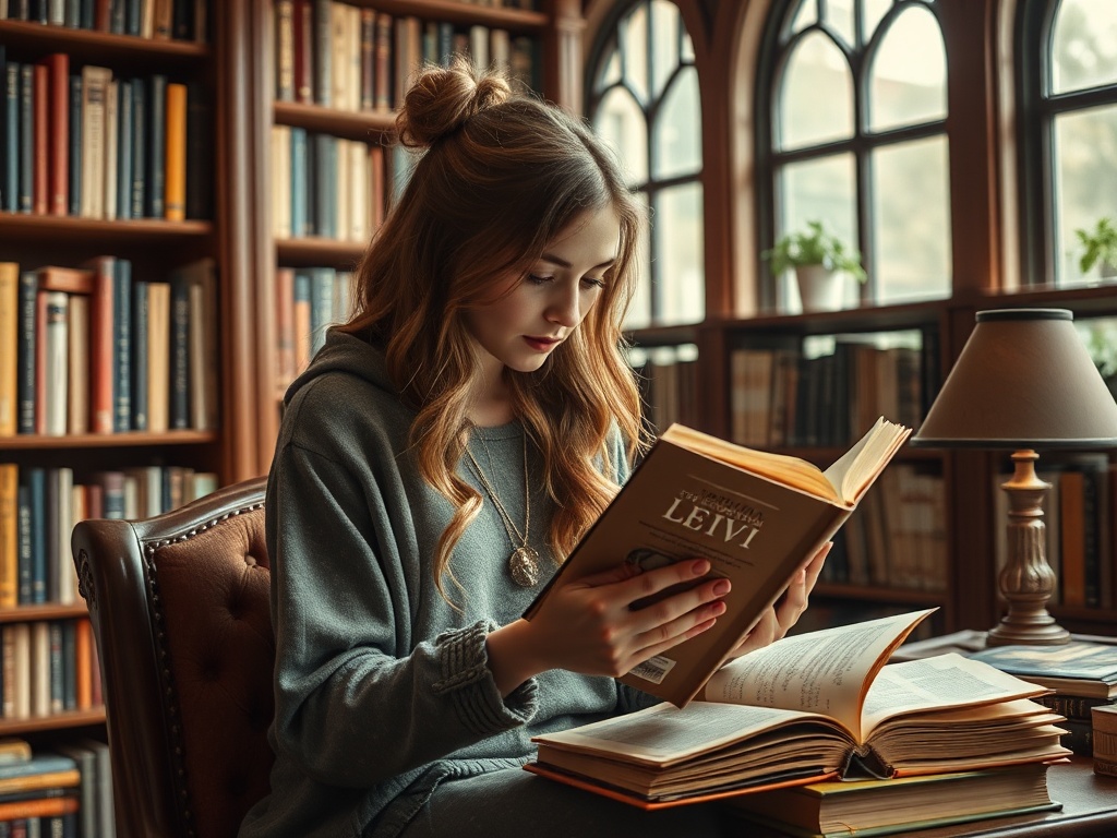 Девушка в свитере читает книгу в уютной библиотеке, окружённой полками с книгами.