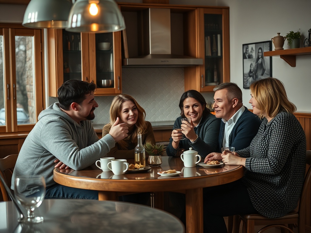 Группа людей общается за столом в уютной кухне, наслаждаясь напитками и закусками.