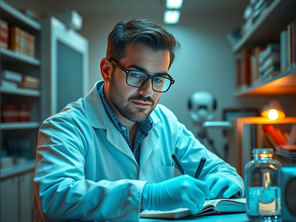 Молодой ученый в лаборатории делает заметки в блокноте, одет в белый халат и перчатки. На столе - бутылка.