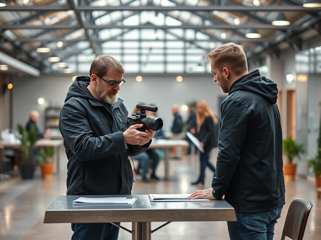 Два человека обсуждают камеру в открытом пространстве, вокруг них работают другие люди.