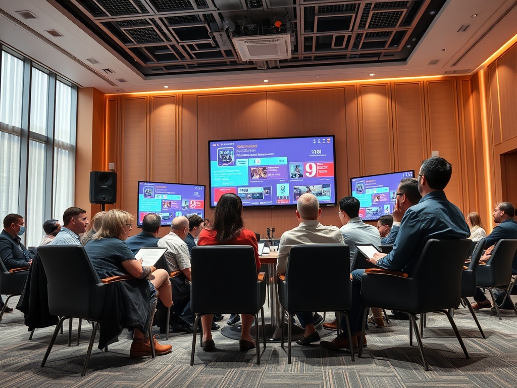 На изображении группа людей сидит за столом на собрании, перед ними экраны с информацией.