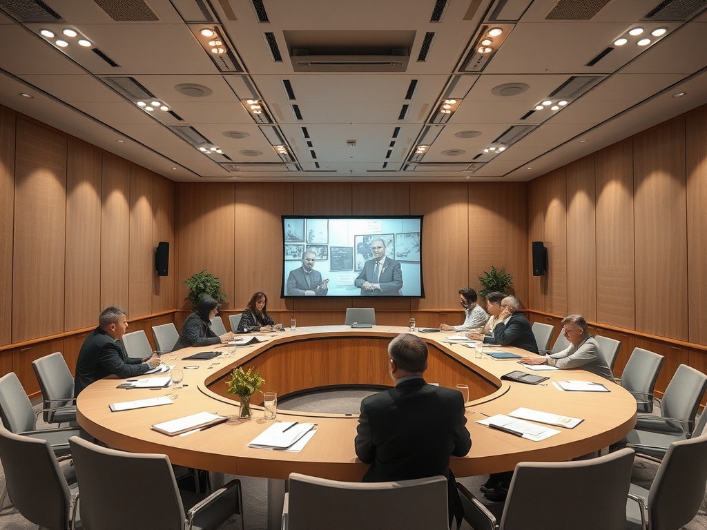 Совещание в конференц-зале: люди обсуждают на экране презентацию и материалы.