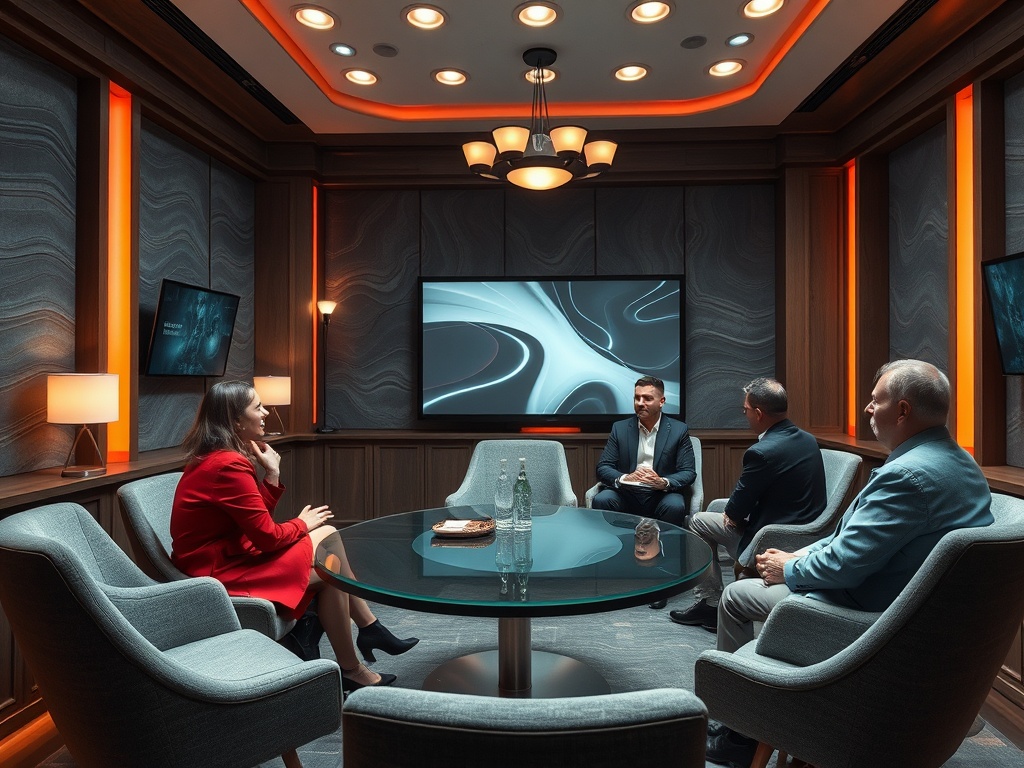 Современный кабинет для переговоров с пятью людьми, у круглого стола, на стенах экраны и освещение.