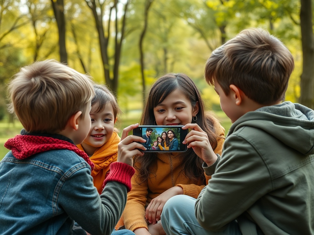 На изображении четверо детей смотрят на фото на телефоне на фоне зелёного парка. Все улыбаются.