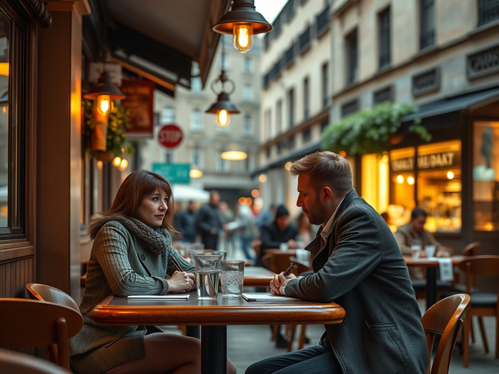Два человека сидят за столом в кафе, обсуждая что-то, на фоне городских улиц с вечерним освещением.