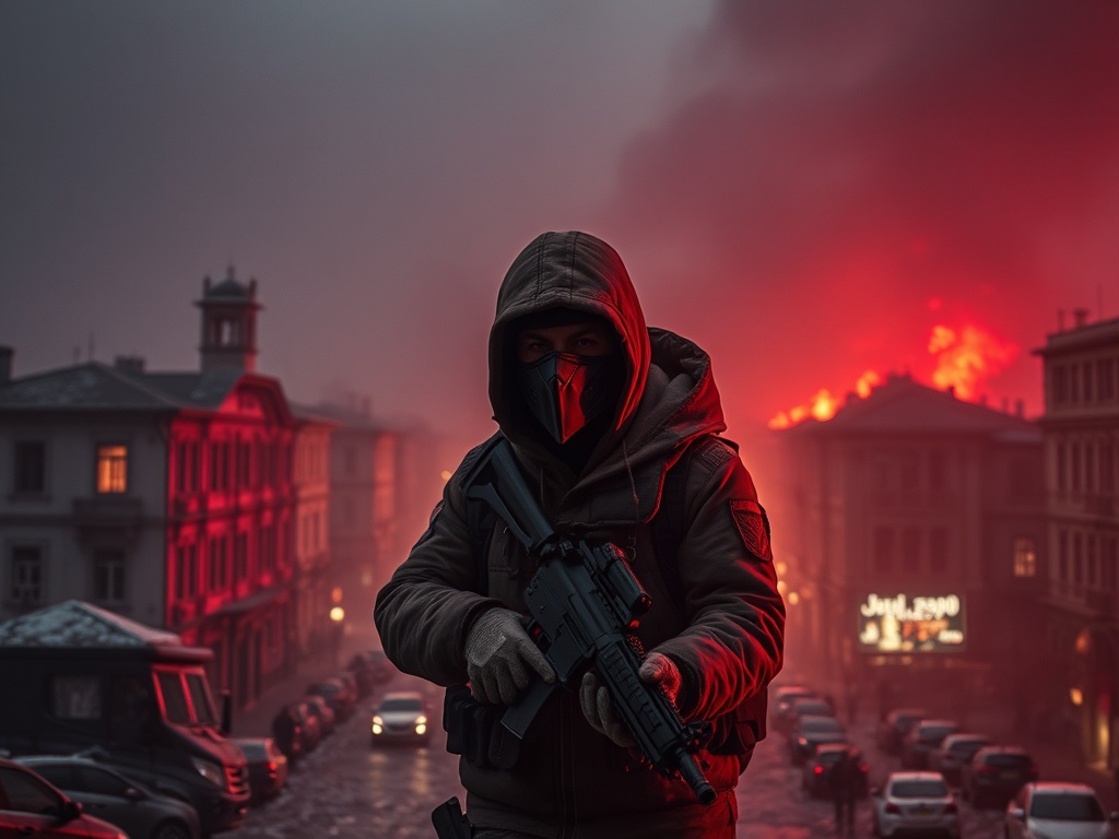 На переднем плане стоит человек в маске с оружием, на фоне горящего города и дымных облаков.