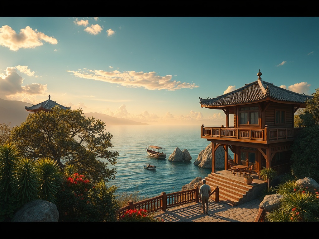 Спокойный пейзаж с деревянным домом и лодкой на фоне красивого моря и облаков.