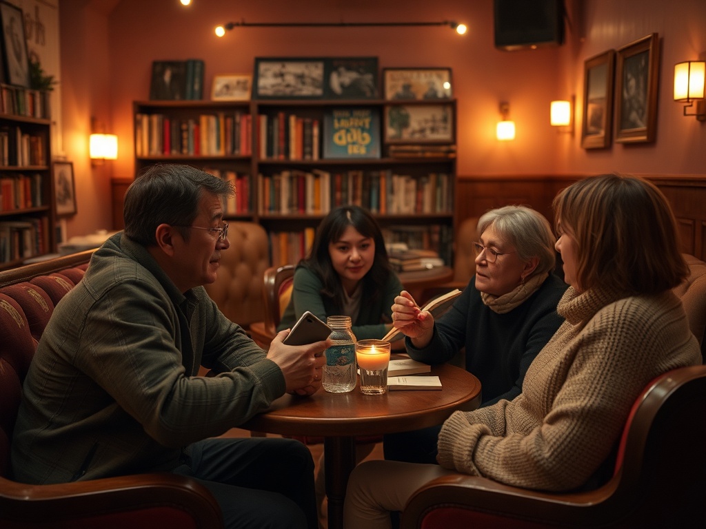 Четыре человека беседуют за столом в уютной библиотеке с светильниками и книгами на полках.