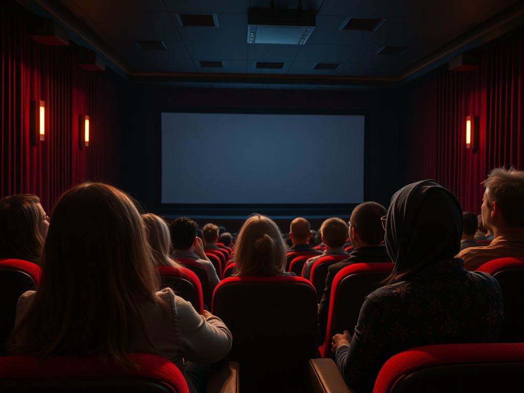 Зрители сидят в темном зале кинотеатра, ожидая начала фильма на большом экране.