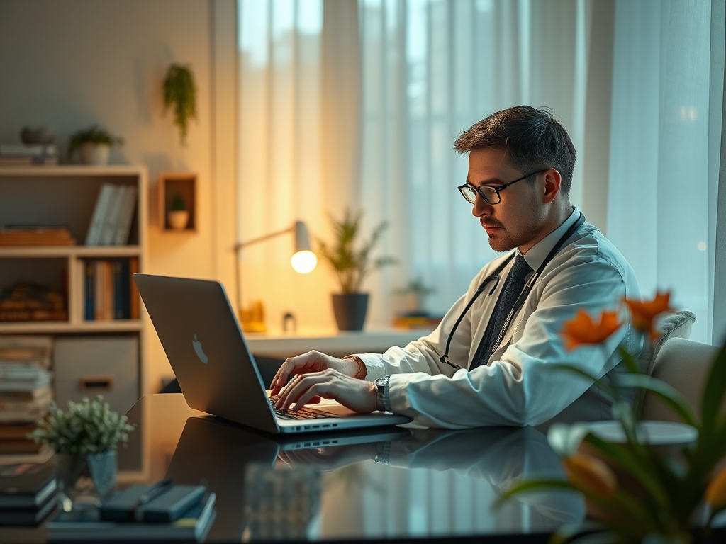Врач в халате работает за ноутбуком в уютном кабинете, освещенном мягким светом.