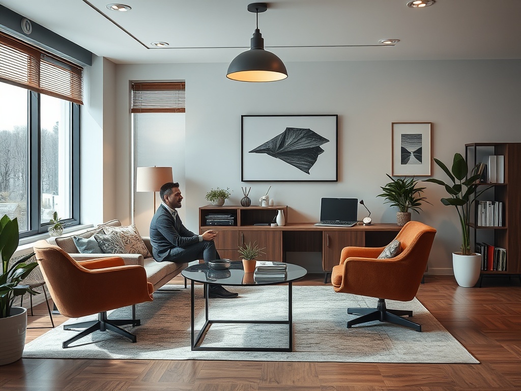 Современный офис с двумя оранжевыми креслами, столом, растениями и мужчиной в костюме, сидящим на диване.