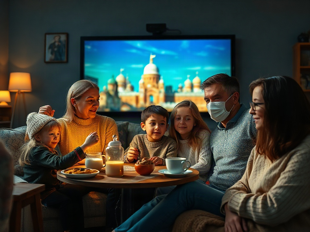 Семья в уютной обстановке, собирается за столом с угощениями и наслаждается совместным временем.